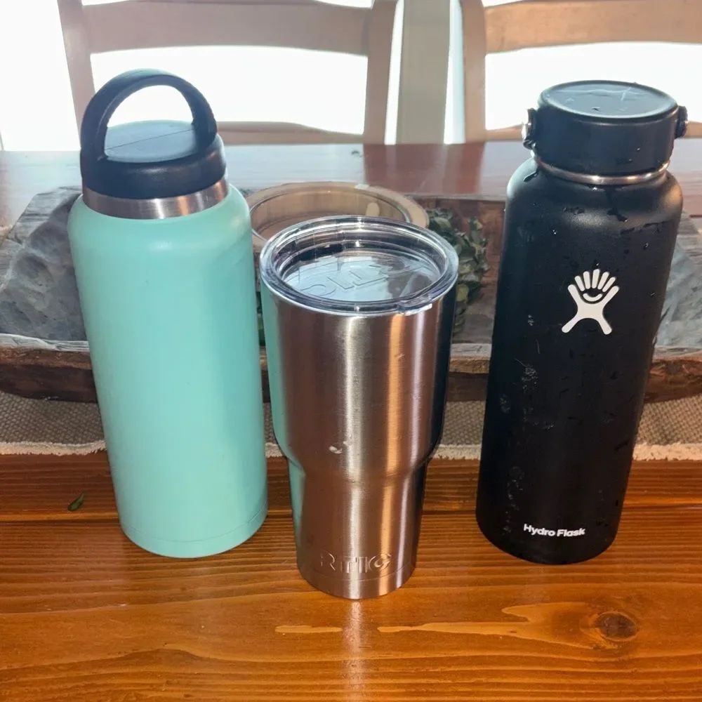 Rtic and Hydro Flask Black and Aqua Tumblers